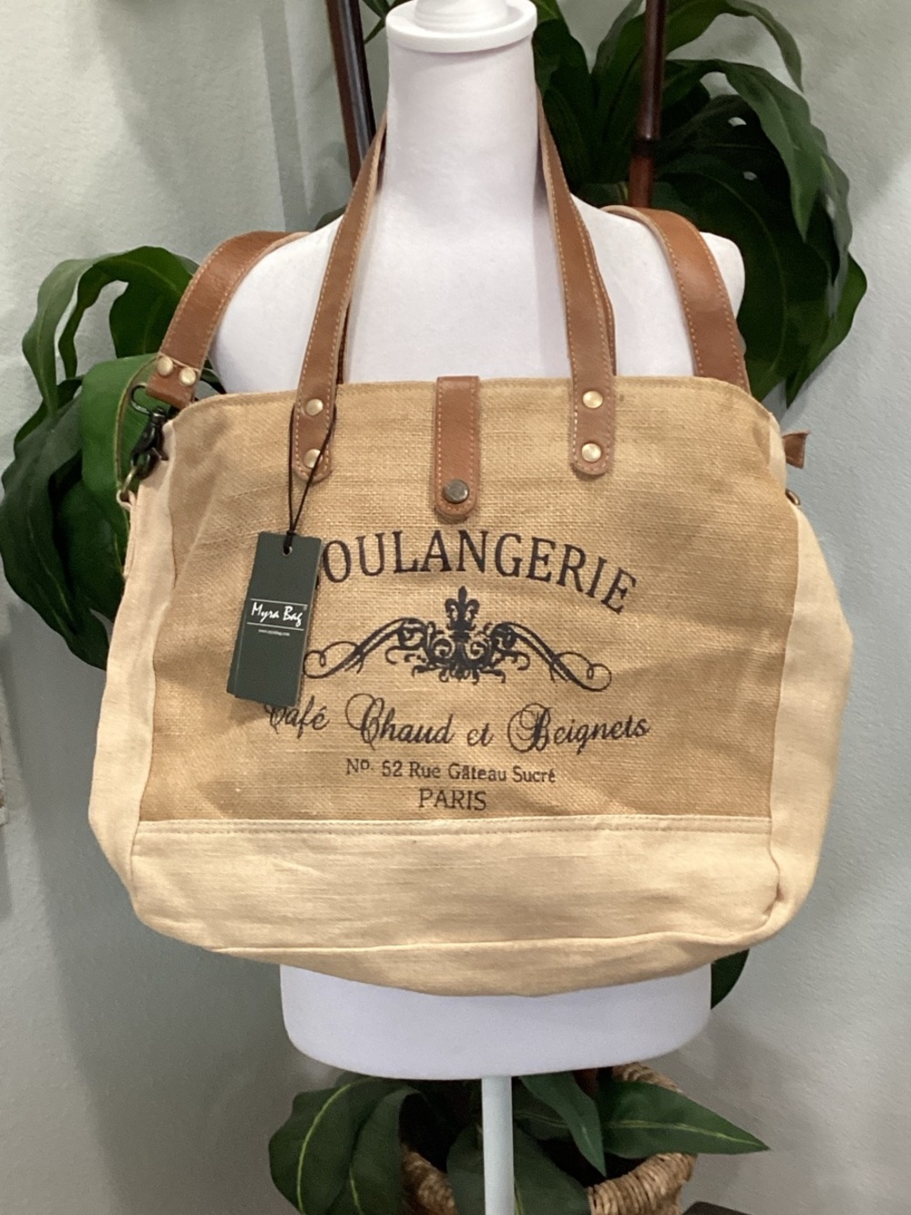 Myra Boulangerie Canvas Tote Bag with Leather Handles - Beige & Tan‎